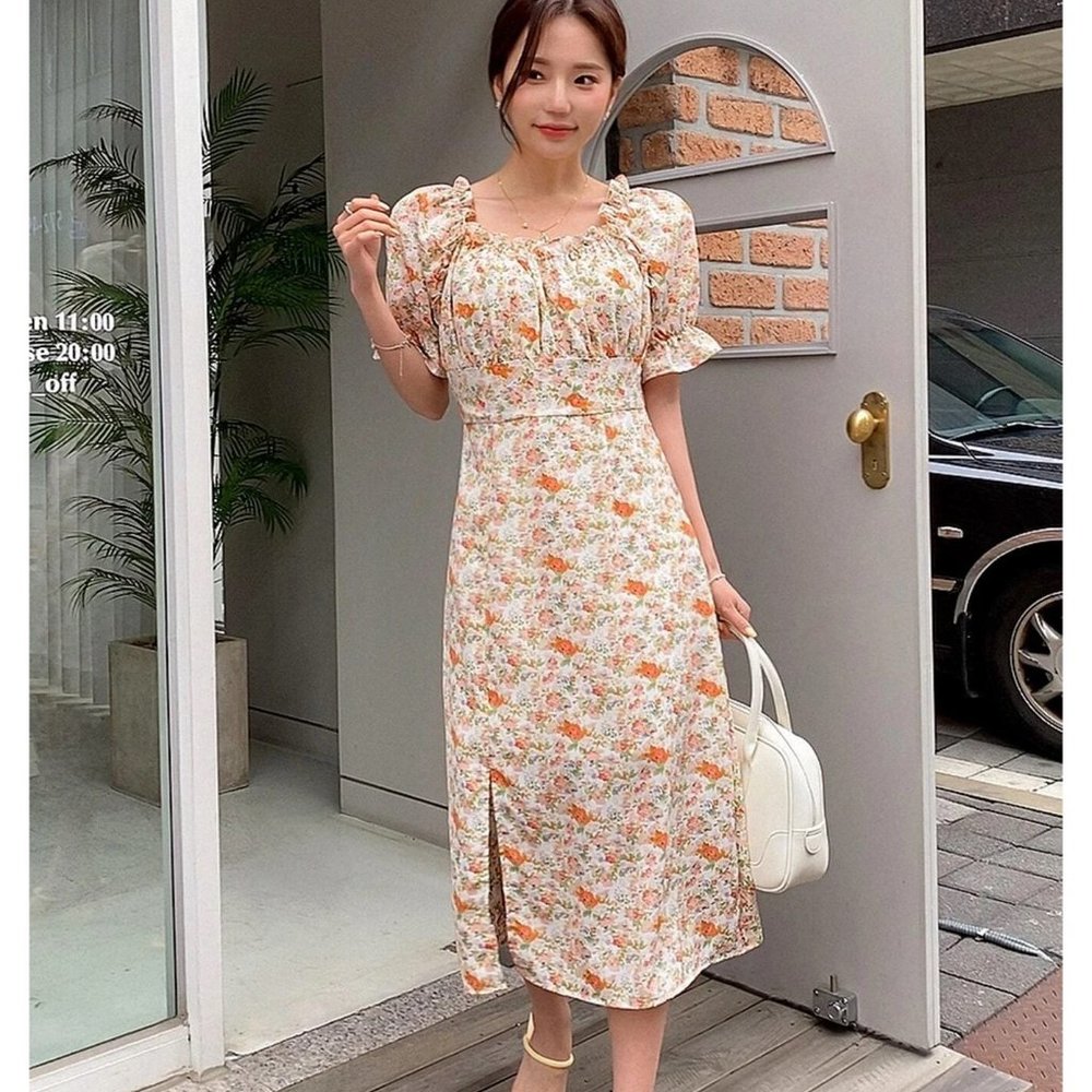 NEW!  Size 6 Floral Print Ruched Bust Puff Sleeve Split Hem